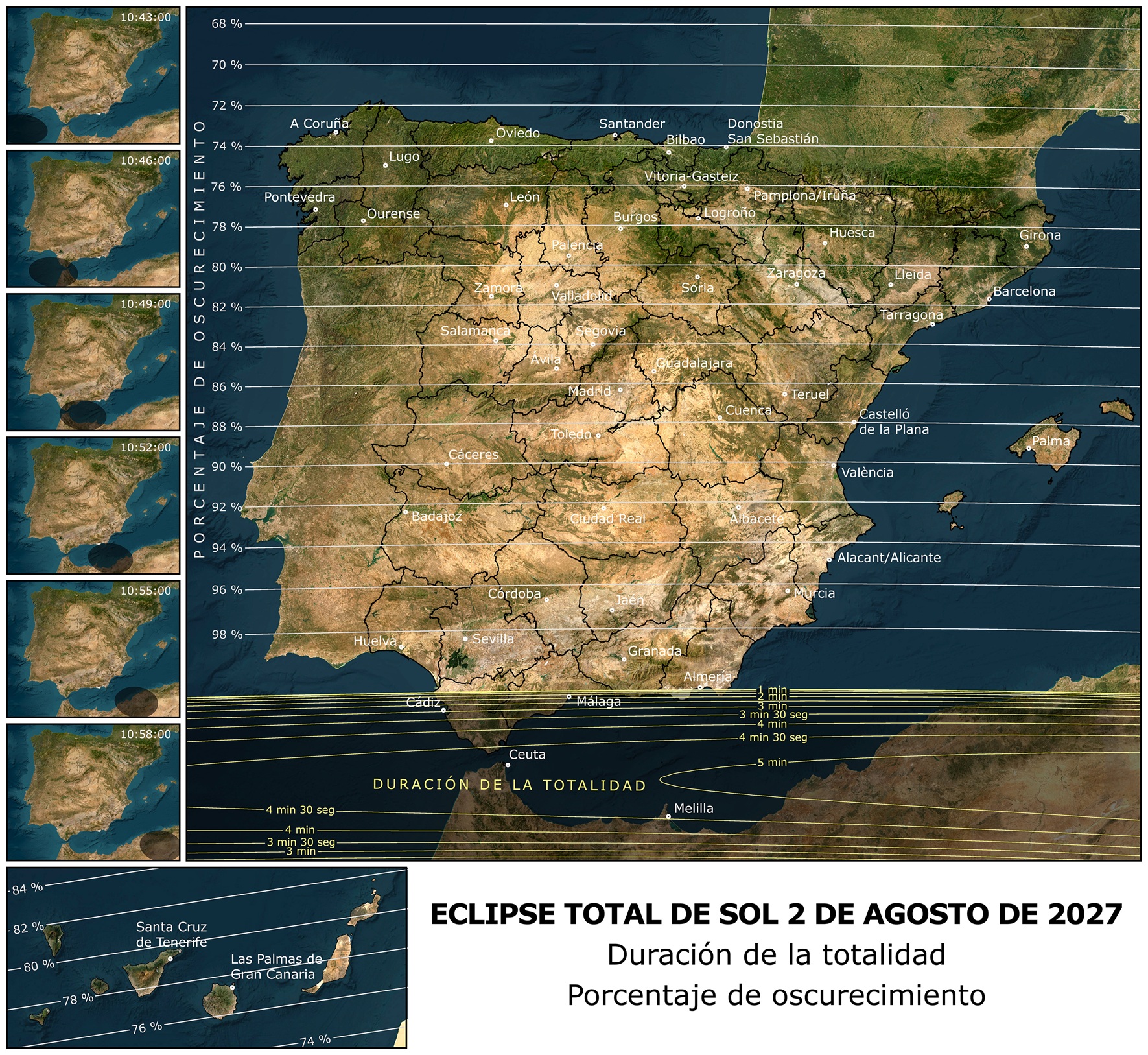 Carte officielle de l'IGN montrant la bande de totalité et les courbes d'obscurcissement de l'éclipse du 2 août 2027